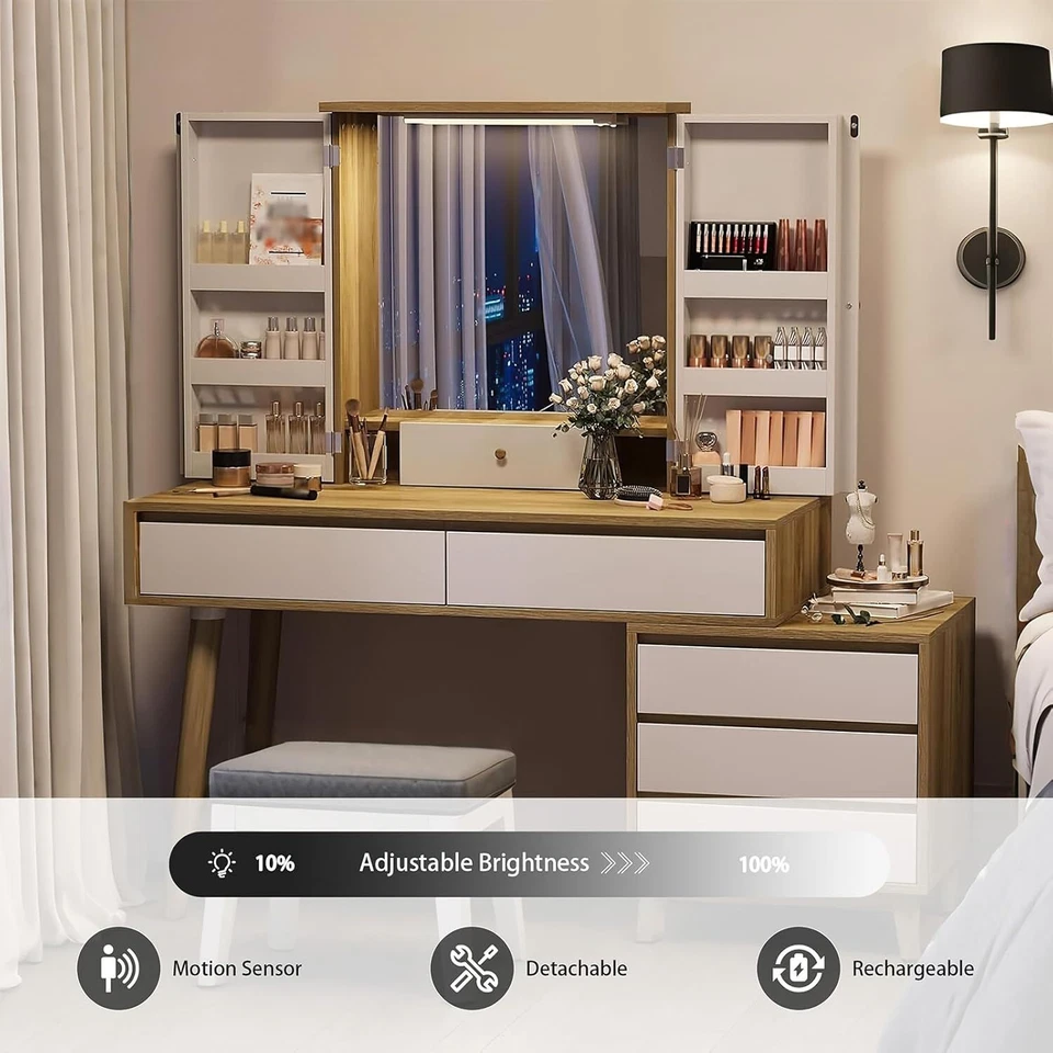 Tocador de Maquillaje Escritorio 6 Cajones Tocador con Espejo y Sensor de Movimiento Luces Foto 2 de 4