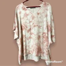 Pixi + Ivy womens small pink and white v neck splotchy print pullover oversize