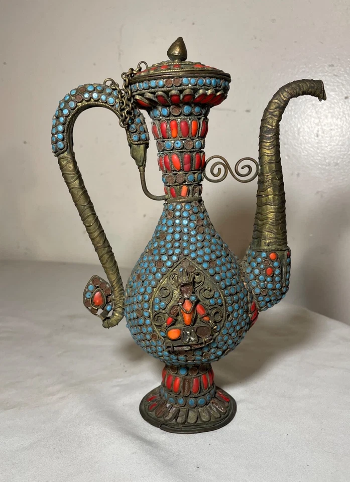 antique early 19th century handmade Tibetan coral turquoise bronze pitcher pot - Image 4 of 4