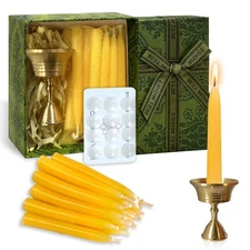 50Pcs Mini Beeswax Taper Candle Meditation Candles with Brass Candle Holder 2...