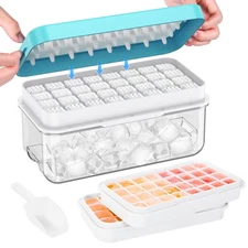 Blue 2 Tier Ice Cube Tray Set Easy Release BPA Free Includes Lid and Storage Bin