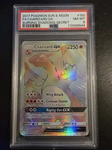 Pokémon TCG Charizard GX Rainbow Rare/Secret Rare Burning Shadows 150/147 PSA 8