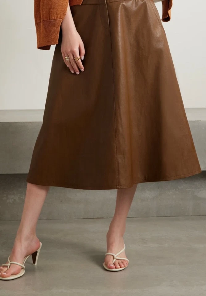 Lafayette 148 New York Lambskin Skirt Brown Midi Lined Raw Edge Sz 8 Pockets - Image 2 of 4