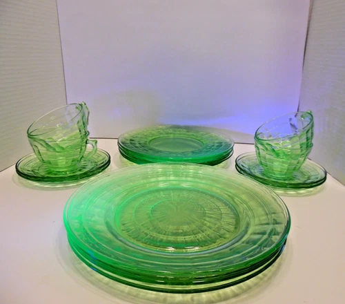 Green Uranium Glass Set of 4 Vintage Plate, Salad Plate Cup & Saucer/ Depression