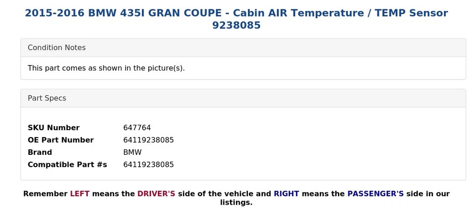 BMW 435I Gran Coupé 2015-2016 - Sensor de temperatura/temperatura del aire de cabina 9238085 Foto 4 de 4