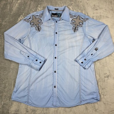 Roar Signature Shirt Mens XXL Blue Embroidered Western Cowboy Rock Button Up