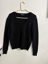 Polo Ralph Lauren V-Neck Cable Knit Wool Cashmere Sweater Womens Size L Black