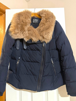 Zara Basic Navy Down Puffer Jacket Faux Fur Trim Collar Full Zip Pockets M