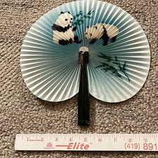 Vintage Metal  Paper Hand Fan Fold Up 1950-1960 China Panda