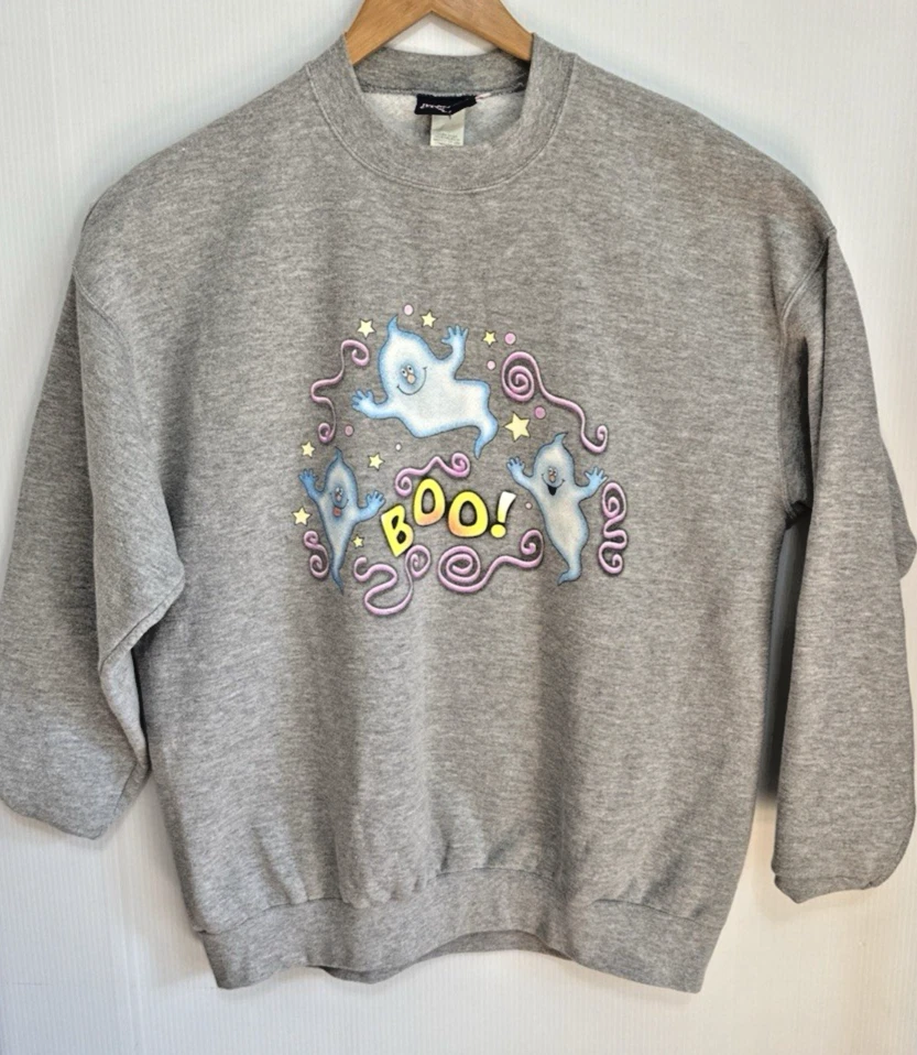 Halloween Vintage Sweatshirt ghosts Women’s XL Gray Pullover Crewneck Cotton Top
