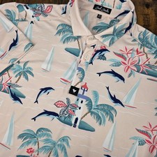 Bad Birdie Polo Golf Shirt Men's XL Performance Stretch Floral Tropical Dolphins