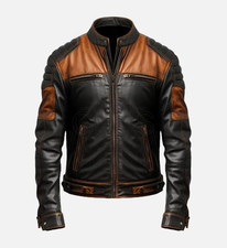 Cafe Racer Biker Leather Jacket Black & Brown Soft Sheep Skin Leather