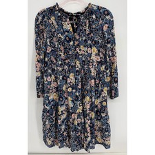 LOFT Womens Blue Floral Tiered Mini Dress Long Sleeve Split Neck Sz S