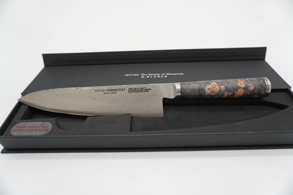 NOVA FACA MIYABI BLACK 8” Chef’s - Cabo de cinza preto - Feito à mão no Japão - Imagem 2 de 4