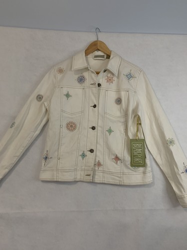 Blassport denim jacket white embroidered beaded Size S vintage button dn tags on - Picture 2 of 14