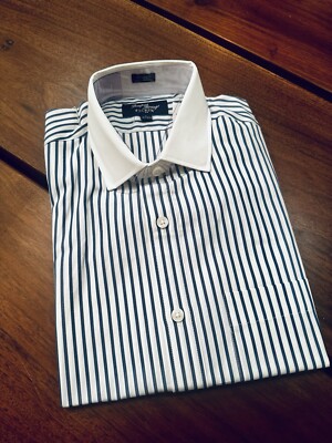 J. Crew NWT Thompson Men s Blue a and White Striped Slim Dress Shirt 14-14.5
