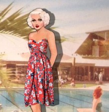 Red Strapless Hawaiian Tiki Dress Button Back Bernie Dexter Hibiscus Floral XS