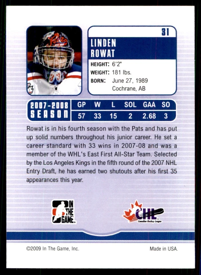 2008-09 In The Game Between Pipes Linden Rowat Regina Pats #31 - Image 2 of 2