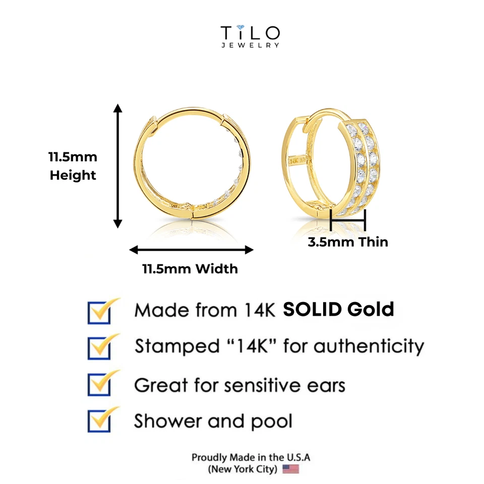 14K Real Solid Gold Double Row CZ Round Huggie Hoop Earrings Small Size 11.5MM - Image 2 of 4