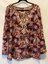 NEW Eddie Bauer L Purple Wine Embroidered Tasseled Paisley Lightweight Boho Top