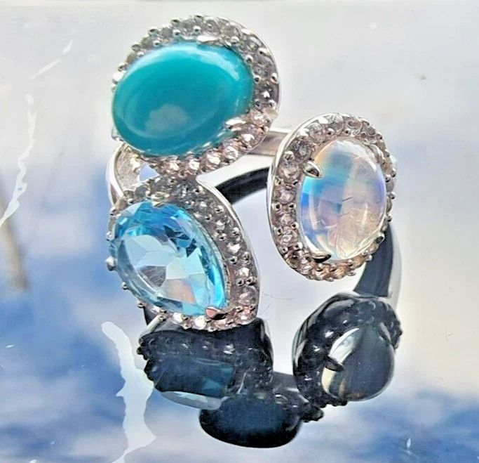 ANILLO KHR PLATA ESTERLINA 925 TOPACIO AZUL TURQUESA Y PIEDRA LUNAR TALLA 5.5 Foto 2 de 4
