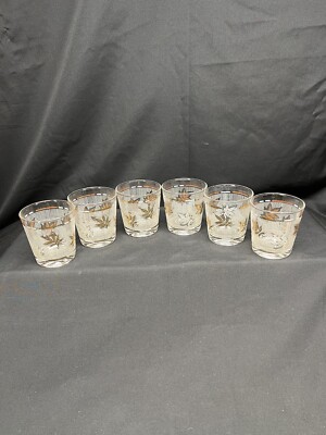 (6) Vintage Mid Century Modern  Libbey Gold And White Leaf Whiskey Glasses.