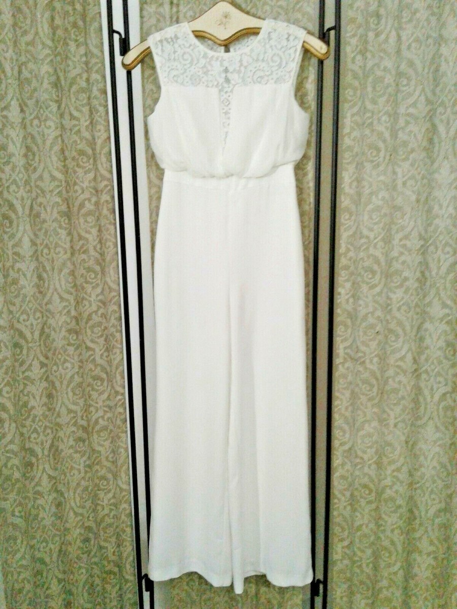 White House Black Market Lace Inset Bodice Jumpsuit Wide Leg White