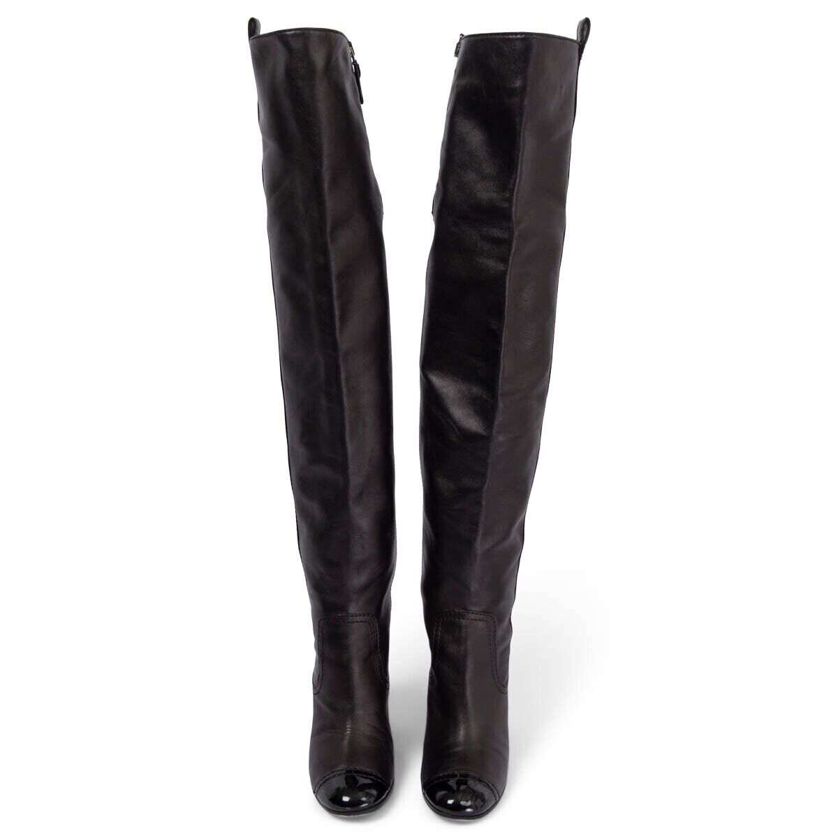 67254 auth CHANEL black leather OVER KNEE BLOCK HEEL Boots 67254 auth CHANEL black leather OVER KNEE BLOCK HEEL Boots