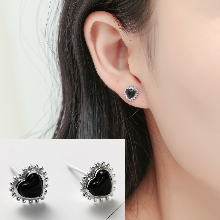 Sterling Silver 925 Heart Stud Earrings with 7mm Onyx Stone Gift Box K35-image