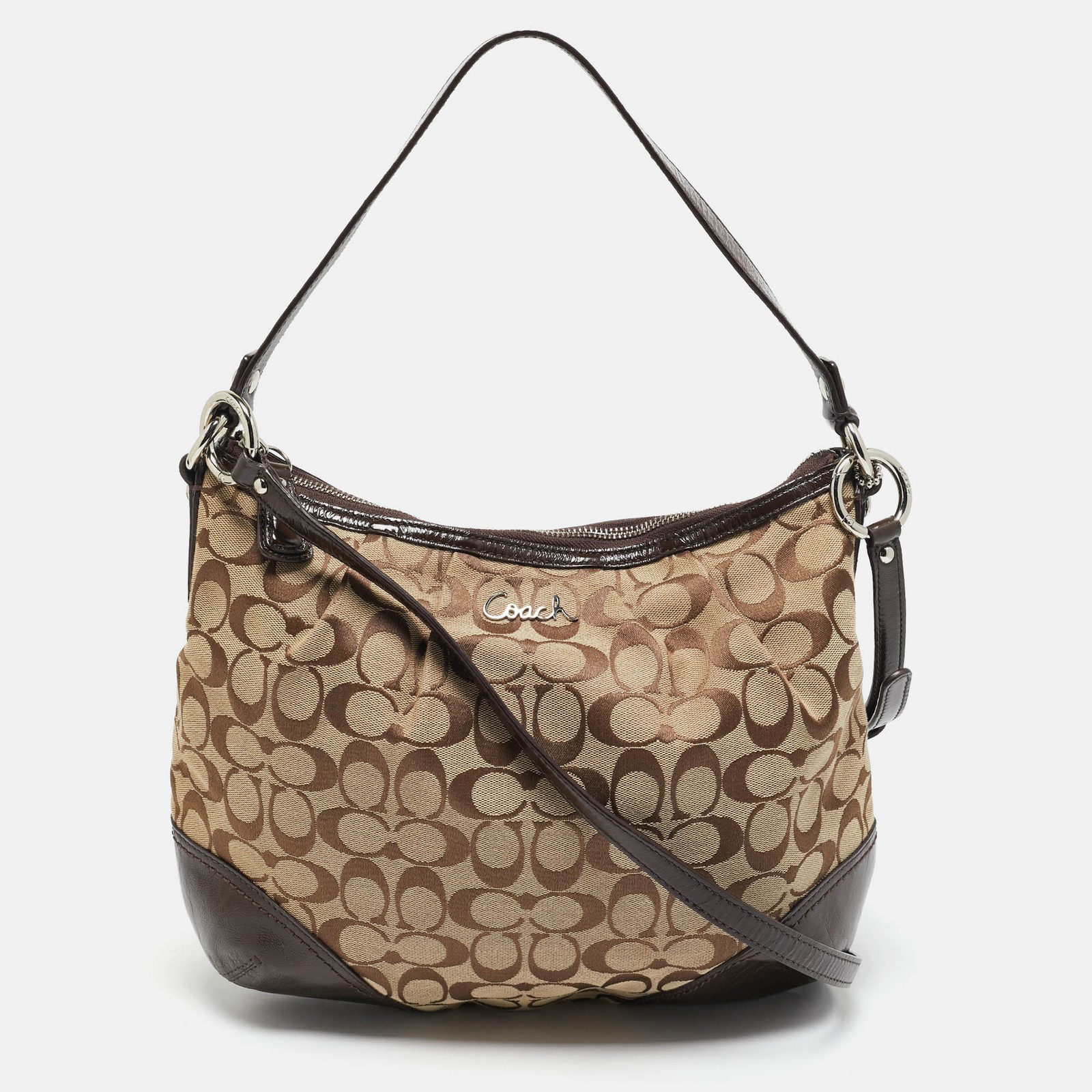 Coach Signature Canvas & Patent Leather Hobo in Beige/Brown