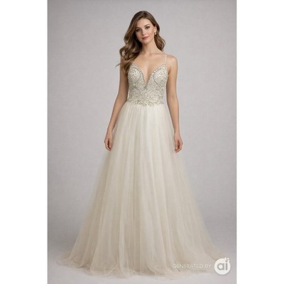JVN by Jovani Ivory Beaded Tulle Prom Gown Formal Deep V Sleeveless Elegance