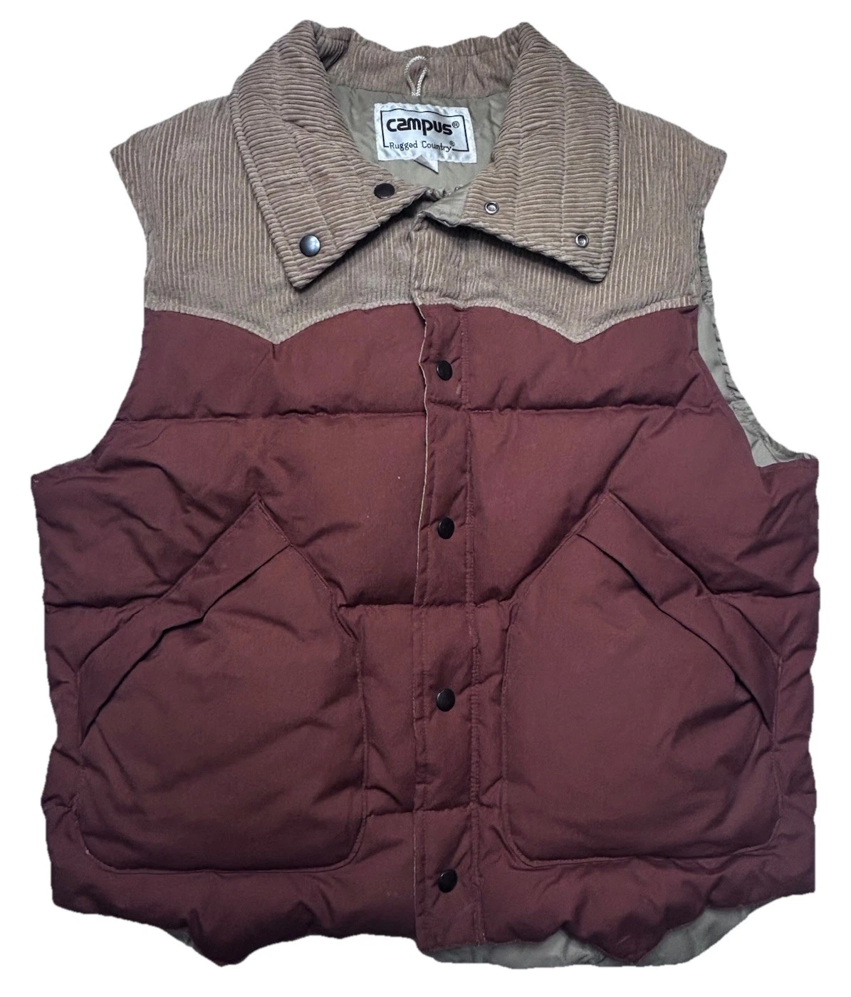 Vintage Campus Rugged Down Vest L Burgundy Corduroy Yoke Western Puffer Outdoor