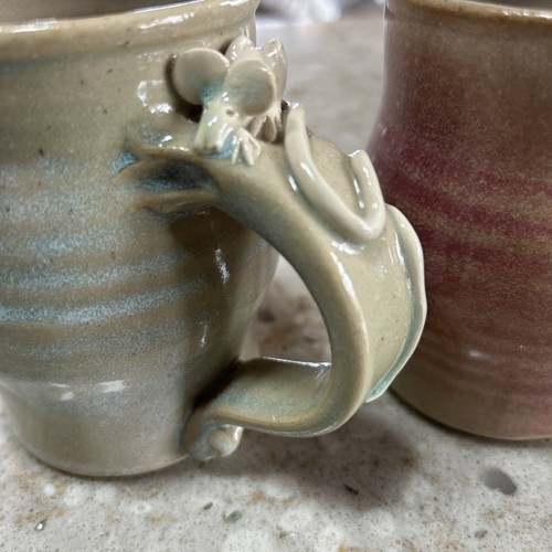 2 Vintage Studio Art Pottery Coffee Mugs Cups Mice Mouse Handle Signed Paldino - Picture 3 of 17
