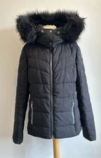 Holland Cooper Quilted Jacket Womens Medium Black Faux Fur Hood Designer Coat