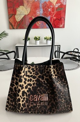 NEW $128 CAVALLI CLASS Cinque Ruched Shopper Bag Black Leopard Print GORGEOUS !