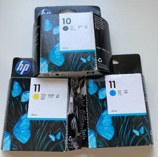 3 x Original HP 10 11 Druckerpatronen schwarz gelb cyan C4844A C4838A C4836A NEU