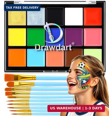 Drawdart Face Body Paint Kit, 15 Colors Face Painting Palette with 10 Pcs Artist