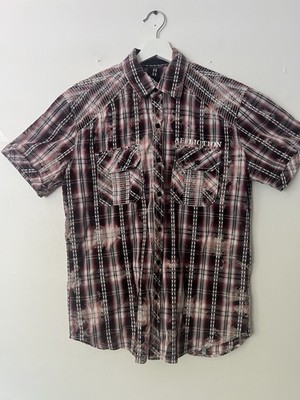 Affliction Red Plaid Men s Short Sleeve Shirt Graphic Streetwear Grunge , M