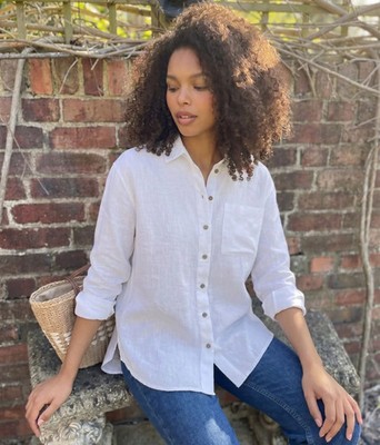 Ex NXT Hemd Damen weiß Leinenmischung Relaxed Fit Langarm Knopfleiste