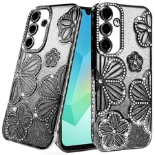 For Samsung A16 5G Case Bling Floral 3D Glitter Phone Cover + Tempered Glass