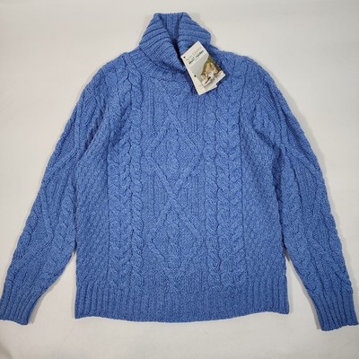 Aran Crafts Ireland 100% Merinowolle Rollkragen Zopfmuster Pullover - Blau - XL