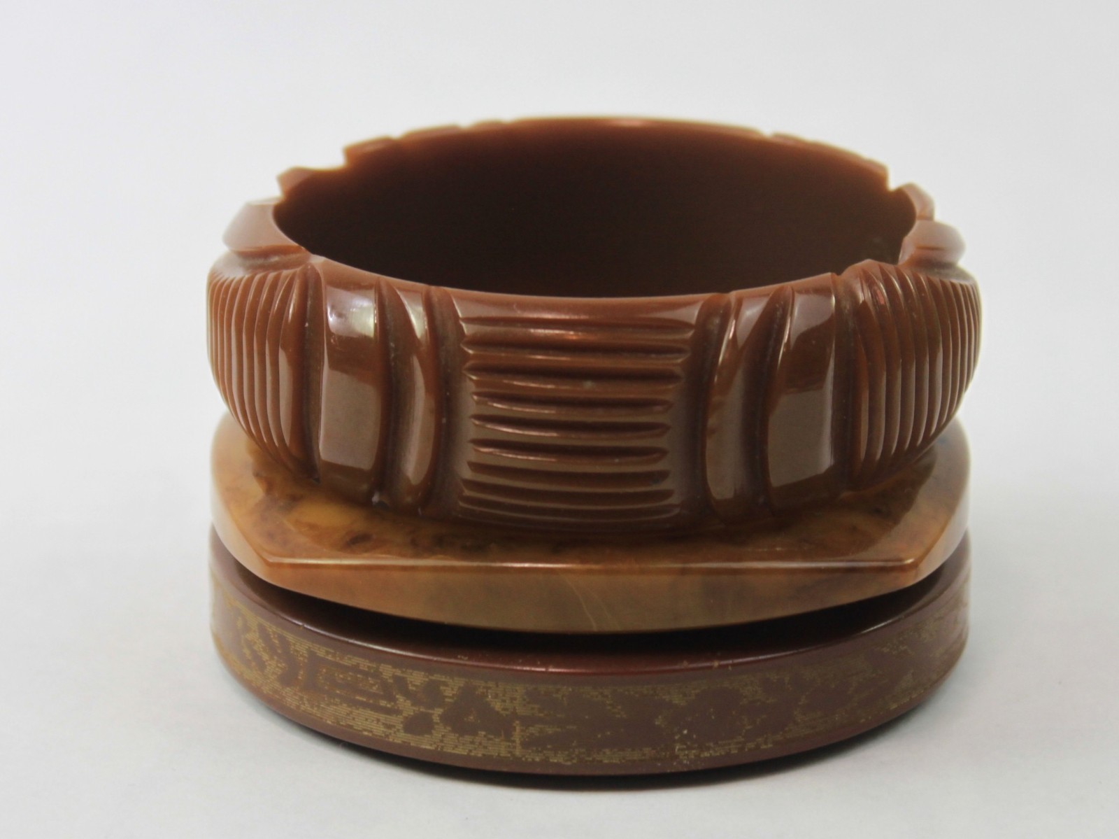 Bakelite Bangle Stack Set Brown Carved Mississipp… - image 1