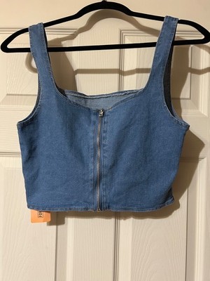 Women s Size Large Front Zip Cropped Denim Tank Top Milk Maid Cottage Core NWT