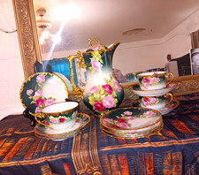 Antique T V Limoges France Porcelain Chocolate Tea Set Signed Vogt Grn Rose 12pc