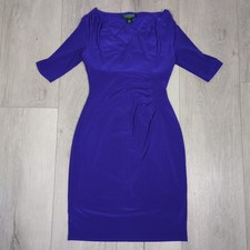 Lauren Ralph Lauren Dress Womens 2P Blue Midi Ruched Drape Neck 3/4 Sleeve
