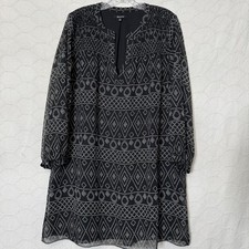 Madewell Black Geometric Shift Dress Medium Lined Long Sleeve V Notch Neck