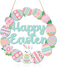 Happy Easter Decorations Sign, Bunny Eggs Wood Wreath for Front Door Porch Windo