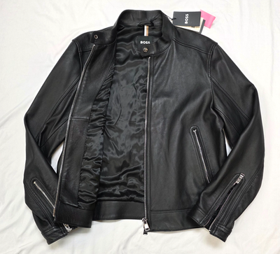 New HUGO BOSS Full Zip 100% Leather BIKER Jacket Men 40 R MEDIUM M