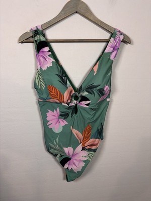 Marks & Spencer Autograph Womens Swimsuit Green Tropical Leaf Ring Detail UK 12