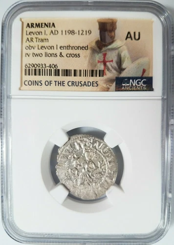 Levon I Armenia NGC AU Silver Tram Medieval Knights Templar Crusader Cross Lion